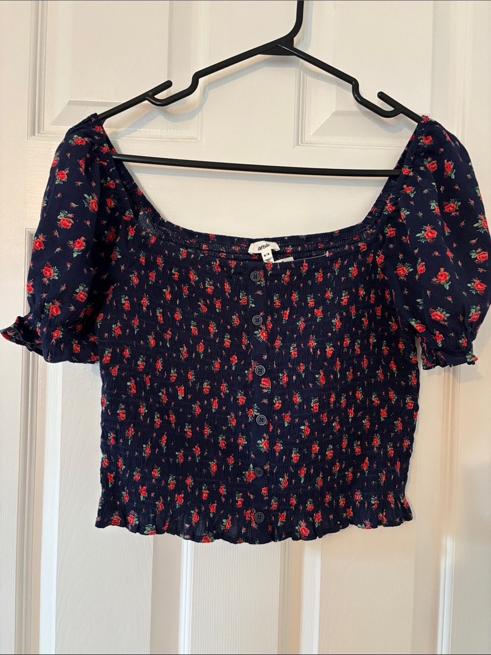 aerie Navy Blue Floral Smocked Crop Top with Puff Sleeves